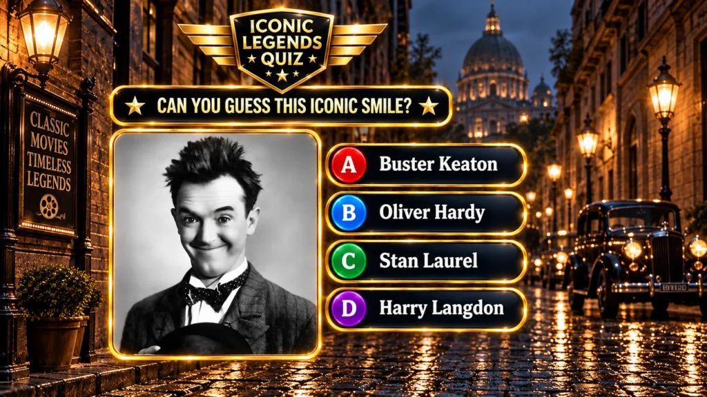 A trivia quiz interface featuring a black and white portrait of Stan Laurel making a funny face with multiple-choice opt
