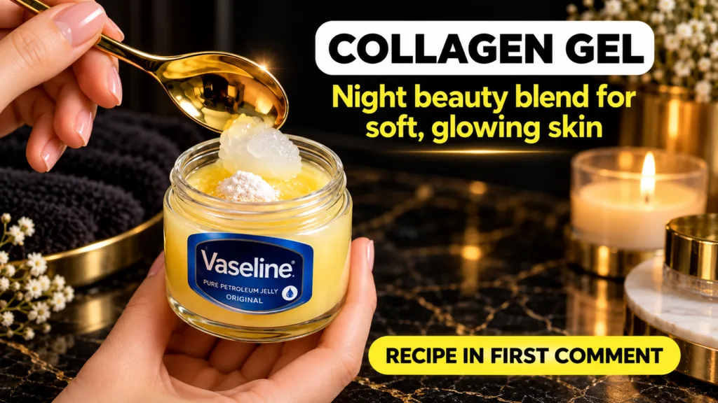 Hands holding a jar of Vaseline mixed with a clear gel-like substance and white powder with a golden spoon above it
