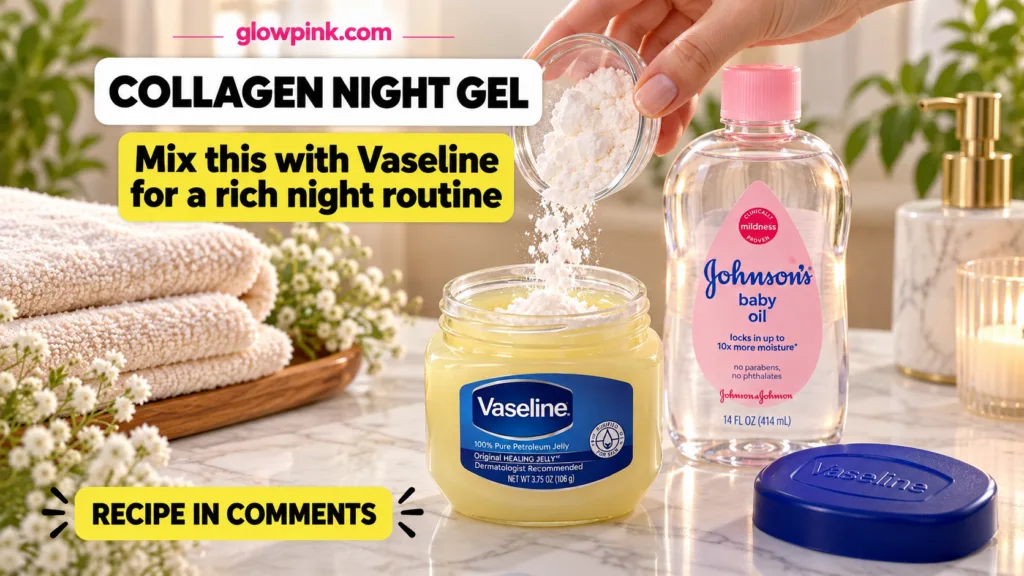 A hand pouring white powdered collagen from a small glass bowl into a jar of Vaseline petroleum jelly A bottle of Johnso