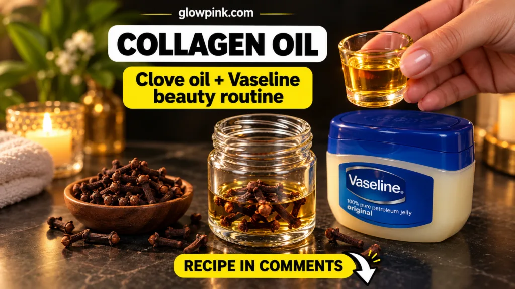 Ingredients for a homemade beauty routine a hand holding a shot glass of golden oil a glass jar with cloves steeping in