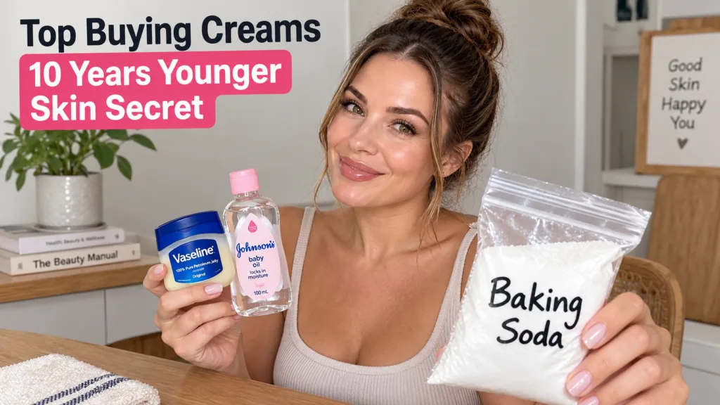A smiling woman holding up Vaseline Petroleum Jelly Johnson s Baby Oil and a bag of Baking Soda looking friendly at the 