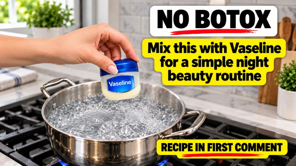 A hand holding a small jar of Vaseline over a pot of boiling water creating a double boiler setup