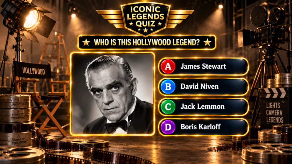 A quiz interface with a black and white portrait of Boris Karloff surrounded by film production elements like spotlights