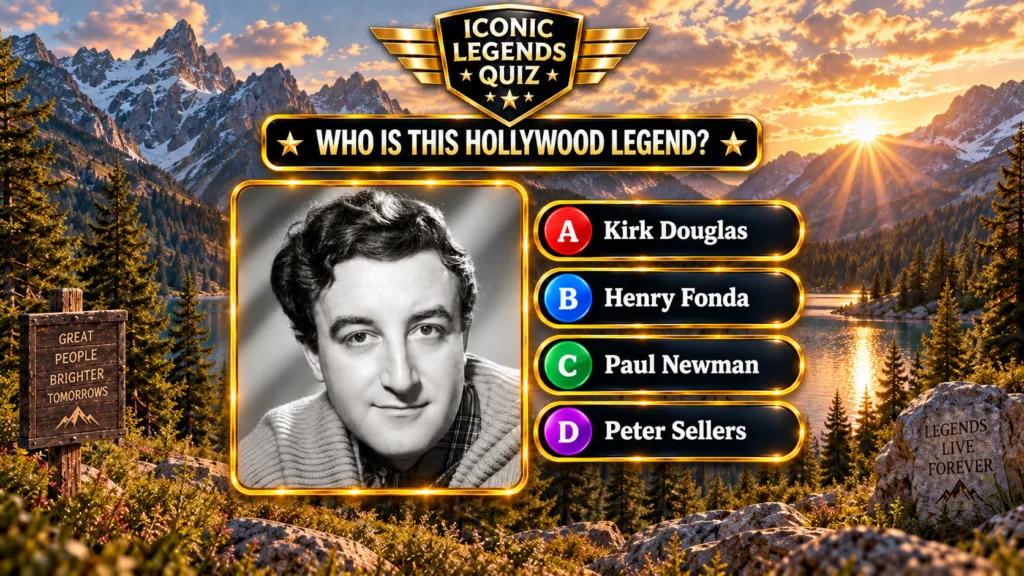 Black and white portrait of Peter Sellers framed in gold against a scenic backdrop of mountains a serene lake reflecting