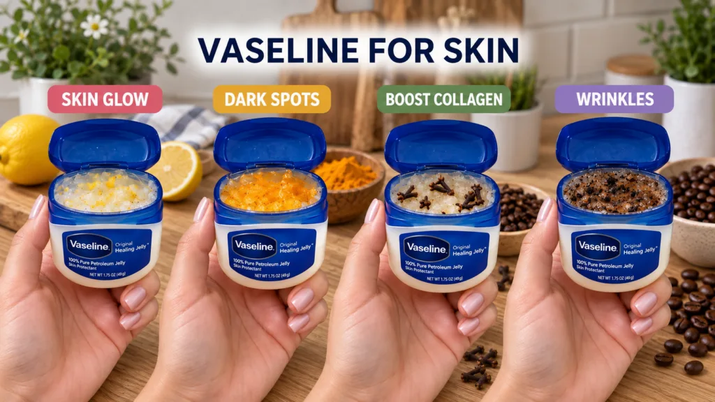 A four-panel collage showing a hand holding an open Vaseline jar infused with lemon turmeric cloves and coffee each ingr