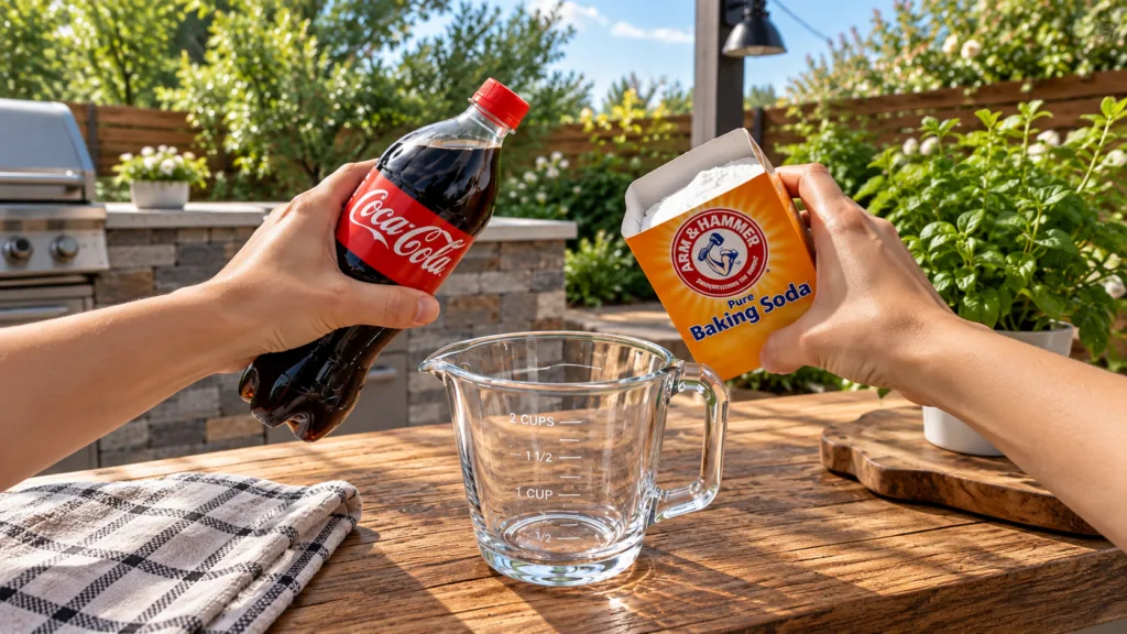 Two hands preparing to combine a bottle of Coca-Cola and a box of Arm Hammer baking soda over an empty measuring cup on 