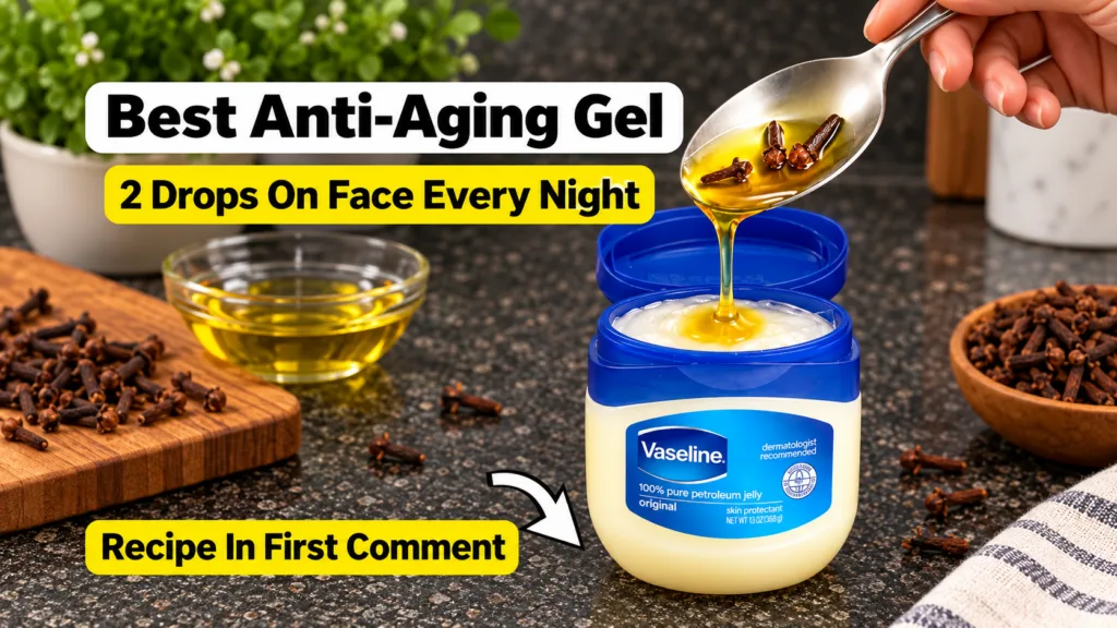 A hand holding a spoon with golden oil and cloves pouring it into an open tub of Vaseline petroleum jelly