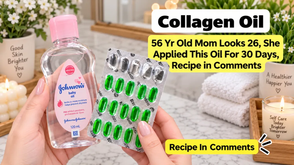 A pair of hands holding a bottle of Johnson s baby oil and a blister pack containing green translucent capsules The back