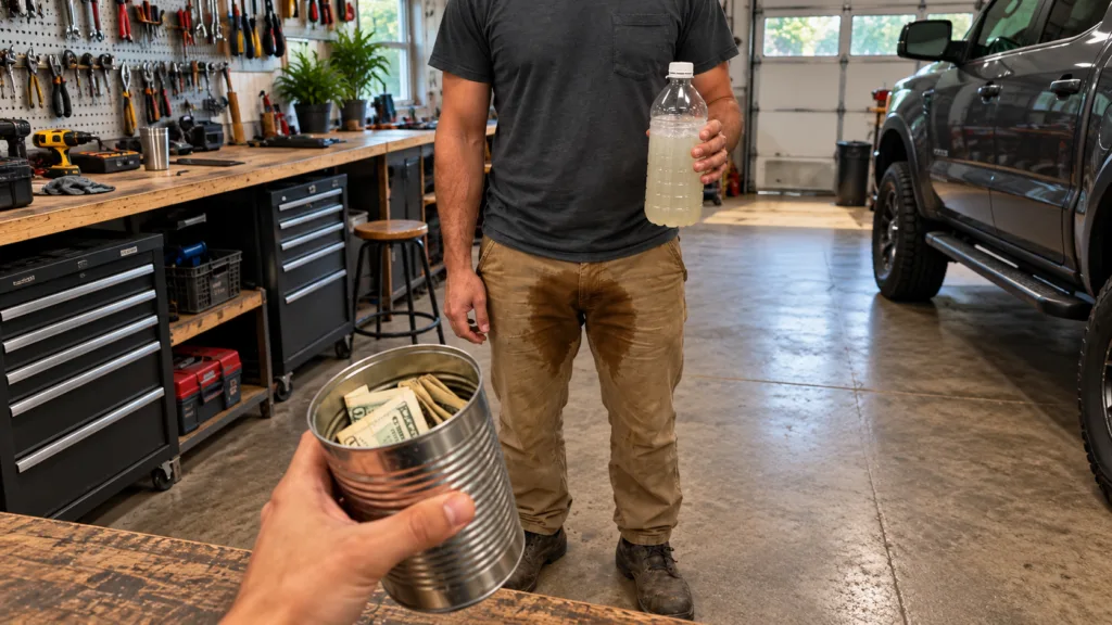A person with wet pants holding a cloudy bottle with another hand holding a can of money in a workshop setting represent