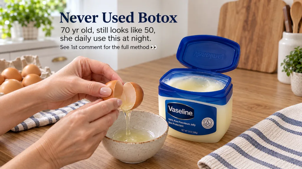 Hands cracking an egg with egg white dripping into a small bowl next to an open tub of Vaseline on a wooden counter with