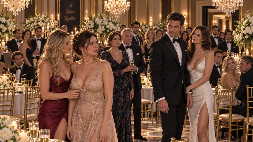 A lavish formal event possibly an engagement gala with well-dressed guests In the mid-ground a man in a tuxedo and a wom