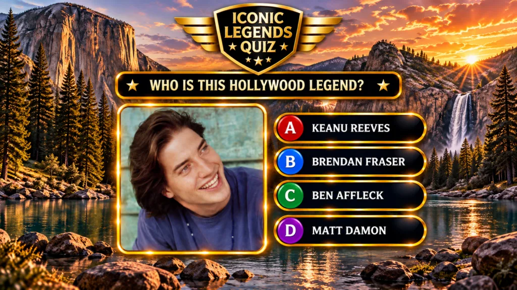 A quiz interface showing a young Brendan Fraser with four multiple-choice options overlaid on a dramatic natural landsca