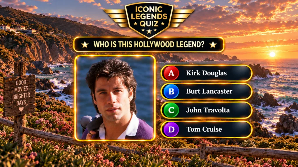 A mobile quiz interface featuring a framed portrait of young John Travolta against a coastal sunset background with quiz