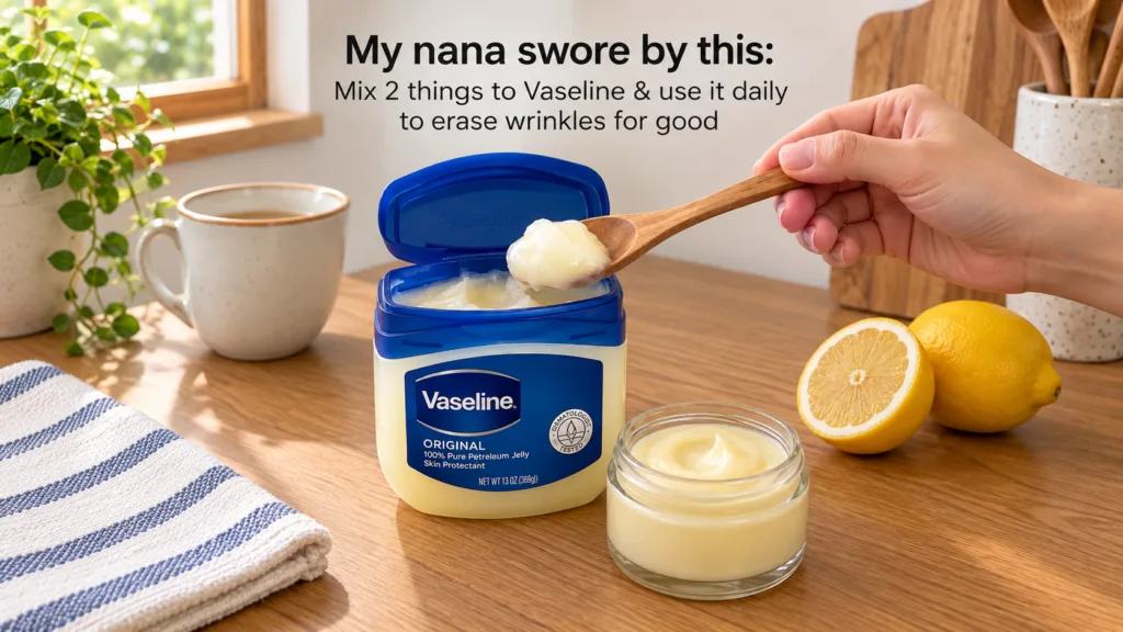 A close-up shot of a tub of Vaseline fresh lemons one halved a hand scooping Vaseline with a wooden spoon and a small ja