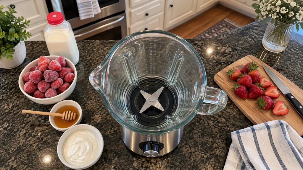 An overhead shot showing an empty blender positioned centrally on a dark granite countertop surrounded by fresh smoothie