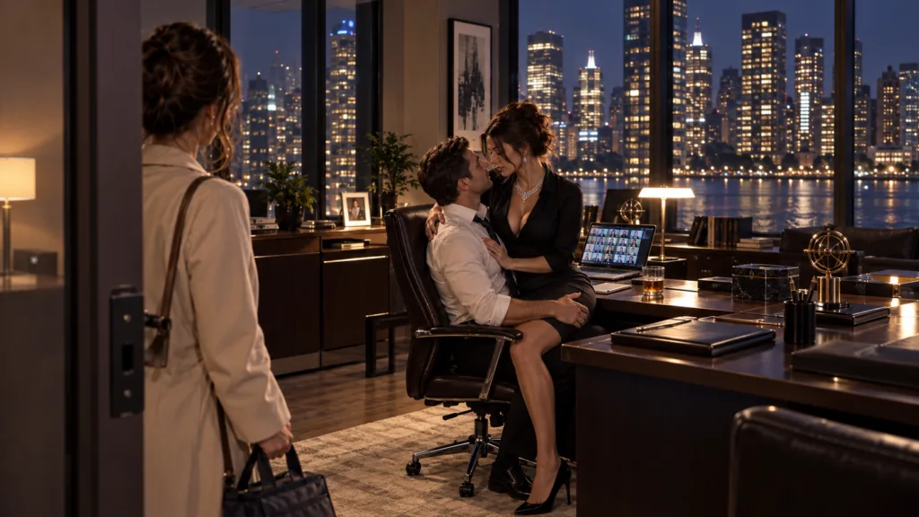 A woman stands at the doorway of a corporate office at night holding a bag secretly witnessing her husband embracing ano
