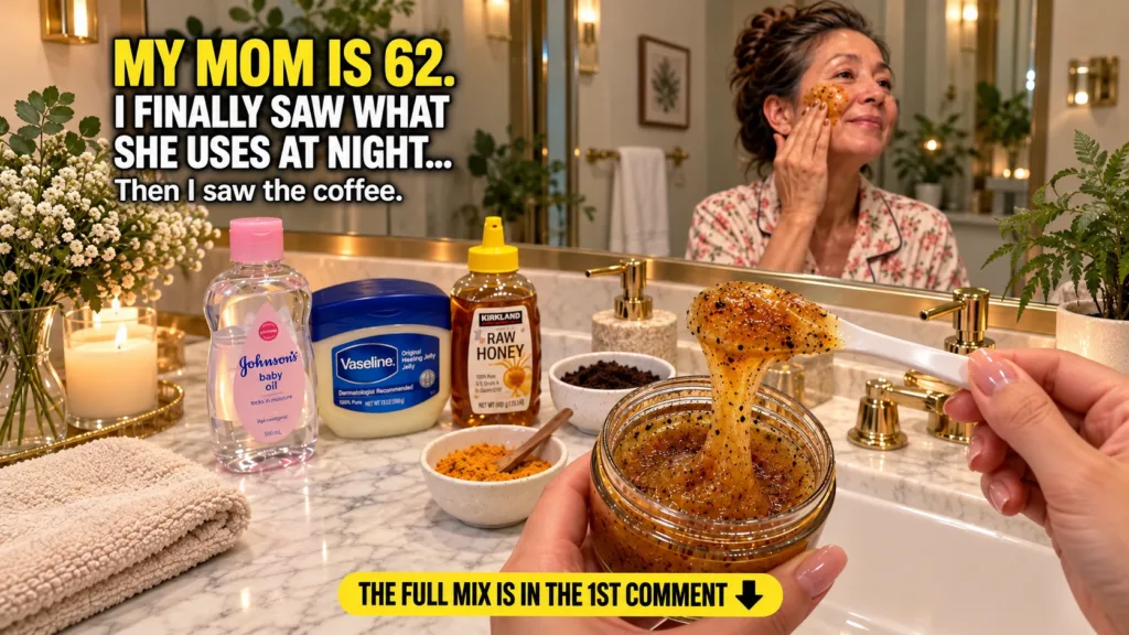 A woman preparing a homemade coffee and honey scrub with ingredients laid out on a marble counter and a reflection of he