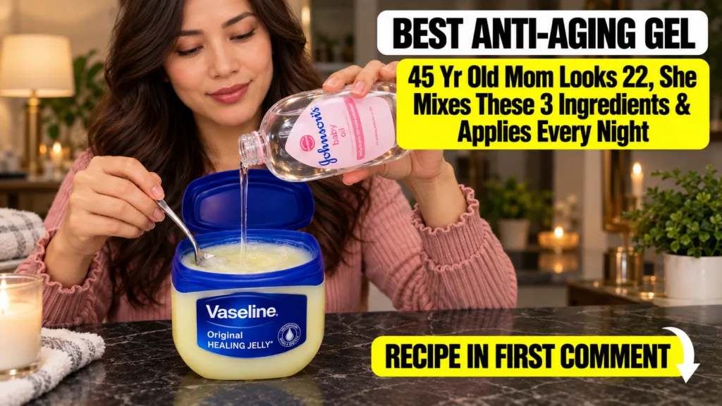 Hands pouring baby oil into a large container of Vaseline with a spoon in the jelly