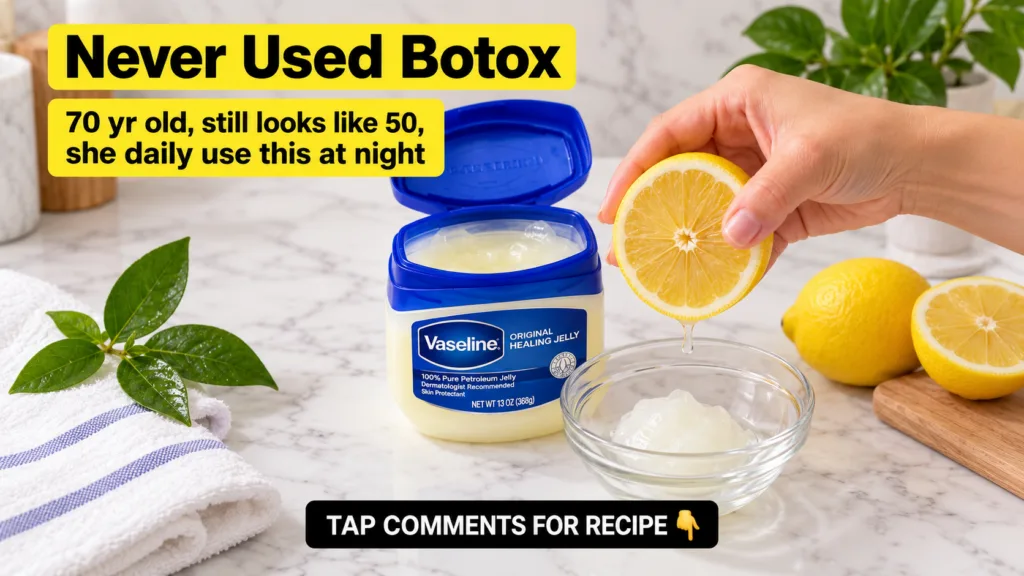 An open jar of Vaseline Original Healing Jelly a hand holding a fresh lemon slice a whole lemon a small clear bowl conta