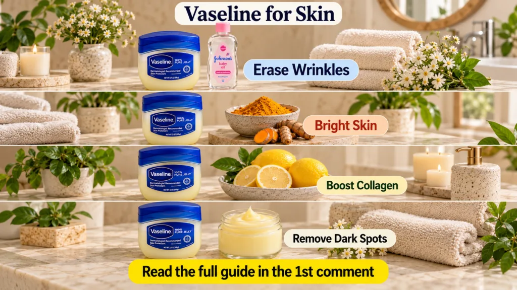 A vertical collage featuring Vaseline Petroleum Jelly alongside natural ingredients like Johnson s baby oil turmeric pow