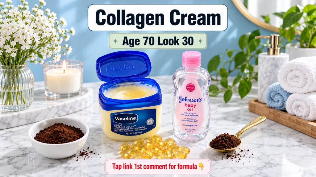 A collection of DIY beauty ingredients on a marble counter including an open tub of Vaseline a bottle of baby oil a bowl