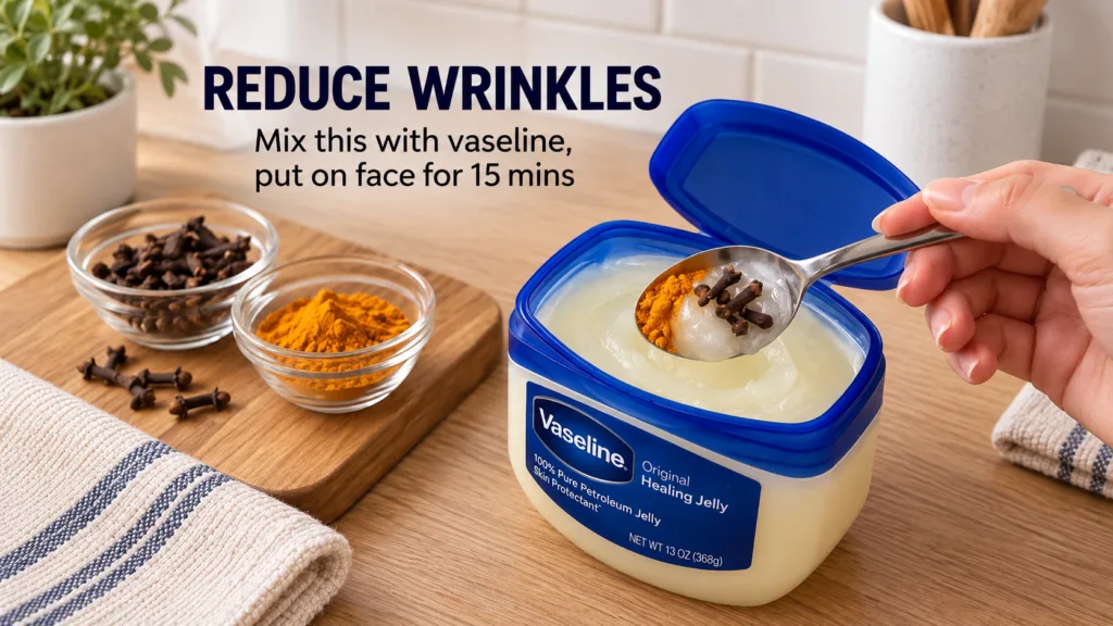 An overhead shot of a tub of Vaseline Original Healing Jelly with a spoon holding a scoop of jelly topped with turmeric 