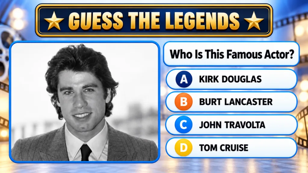 A mobile quiz game interface featuring a black and white portrait of a young John Travolta with the question Who Is This