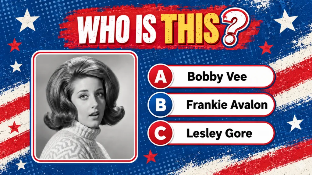 A black and white portrait of Lesley Gore a young woman with a classic 1960s hairstyle against a dynamic red white and b