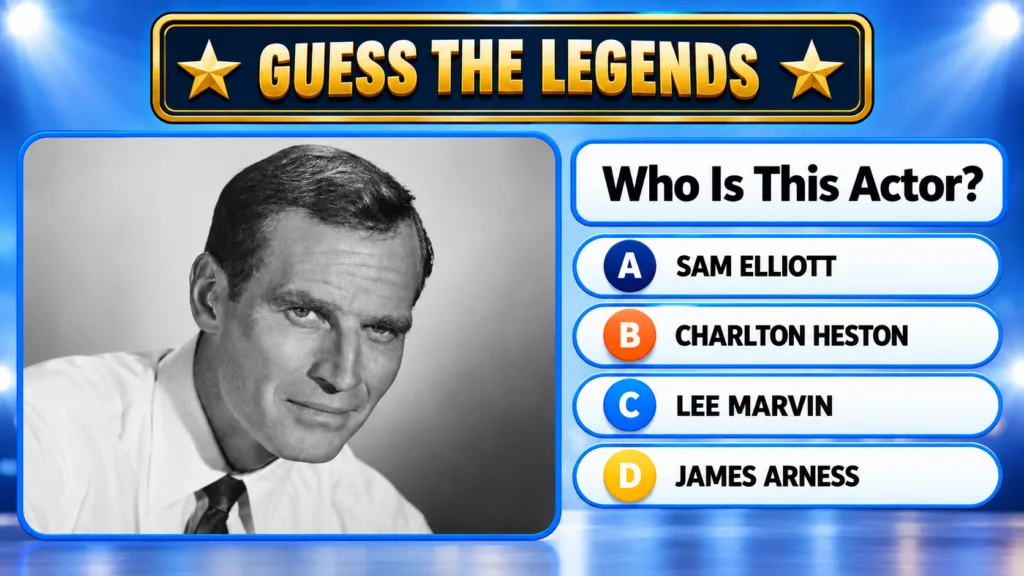 Black and white portrait of Charlton Heston from a Guess the Legends quiz screen