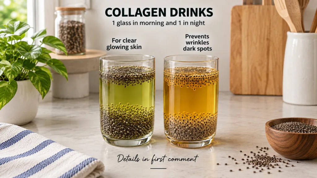 Two glasses of collagen drinks with chia seeds one light green and one golden yellow on a kitchen counter
