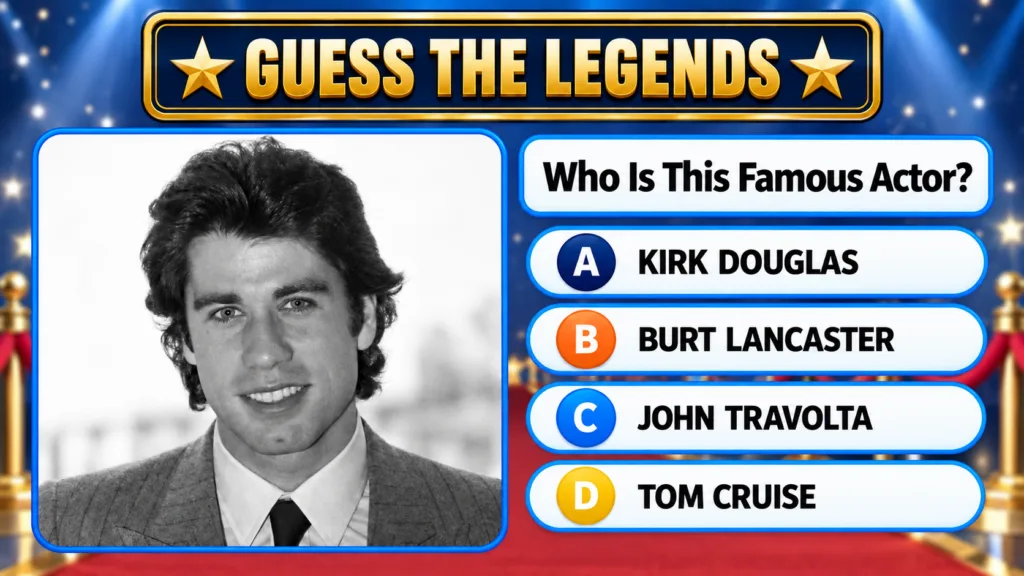 A mobile game interface showing a black and white portrait of a young John Travolta framed in blue with the question Who