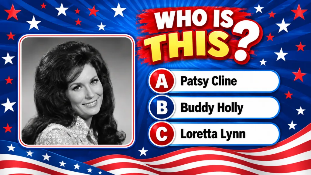 A black and white portrait of Loretta Lynn in a white rounded-rectangular frame against a patriotic background with star