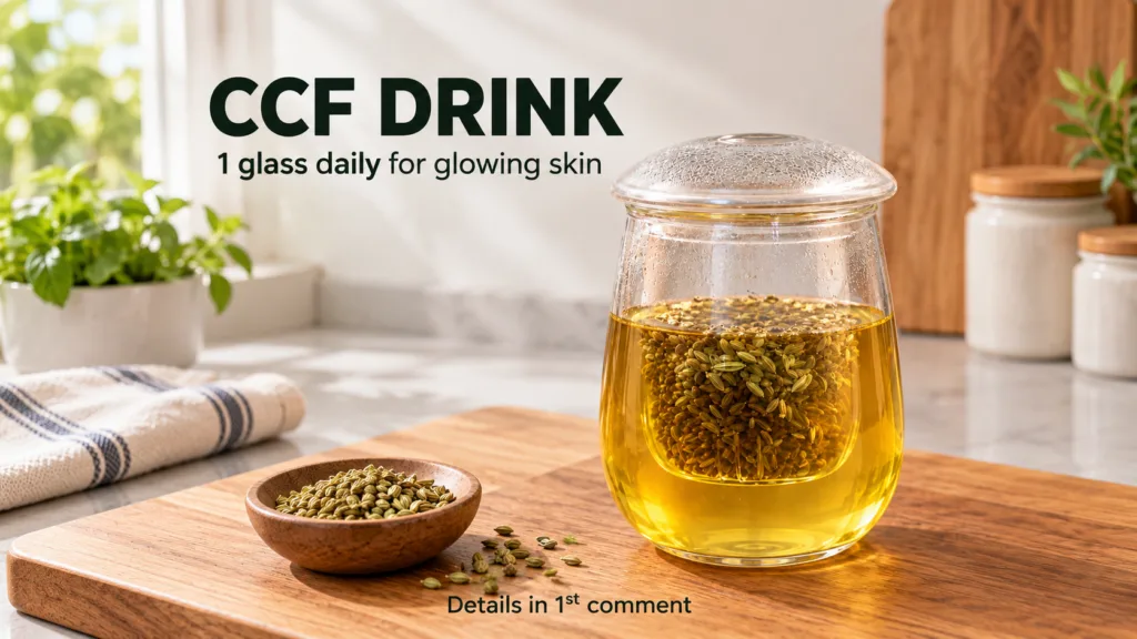 A clear glass infuser filled with a golden liquid and green fennel seeds steeping inside placed on a wooden surface