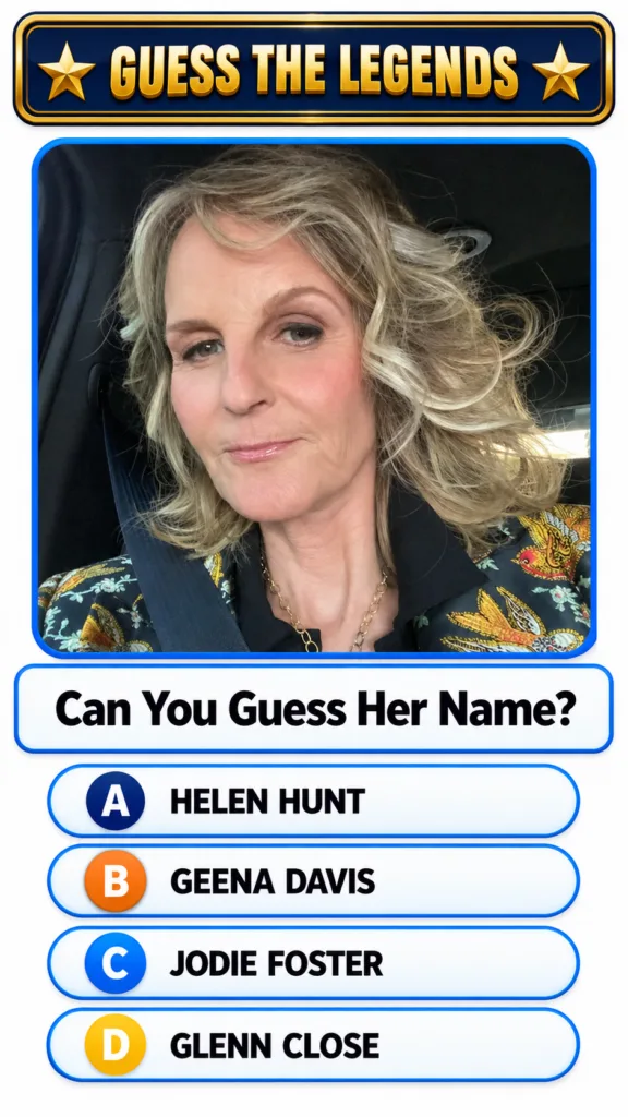 Portrait of actress Helen Hunt in a Guess the Legends quiz interface wearing a patterned jacket and seatbelt with multip