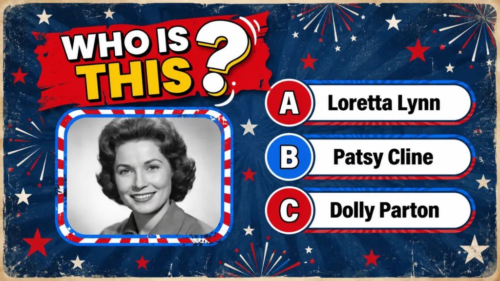 A black and white portrait of a smiling woman from an earlier era part of a multiple-choice quiz about recognizing a cou