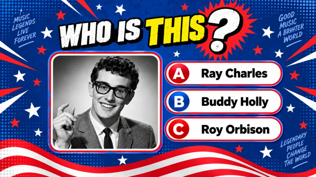 A retro-style quiz image with WHO IS THIS at the top featuring a black and white photo of Buddy Holly in glasses and a s