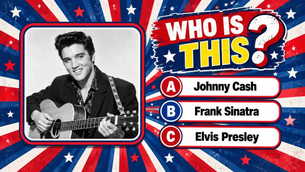 A multiple-choice quiz image asking WHO IS THIS with a black and white photo of Elvis Presley playing a guitar Options a