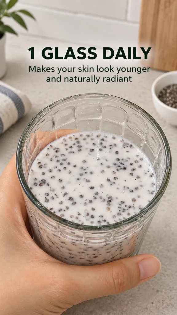 A clear glass of chia seed pudding held by a hand with a blurred background of a kitchen counter a potted plant and a bo