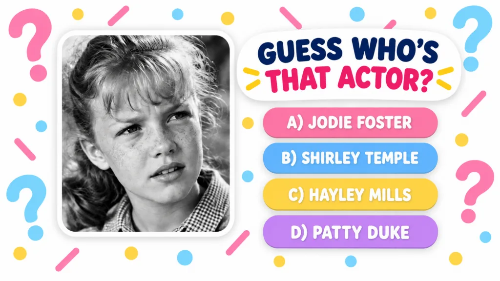 A black and white headshot of a young girl with freckles and a curious expression part of a multiple-choice quiz graphic