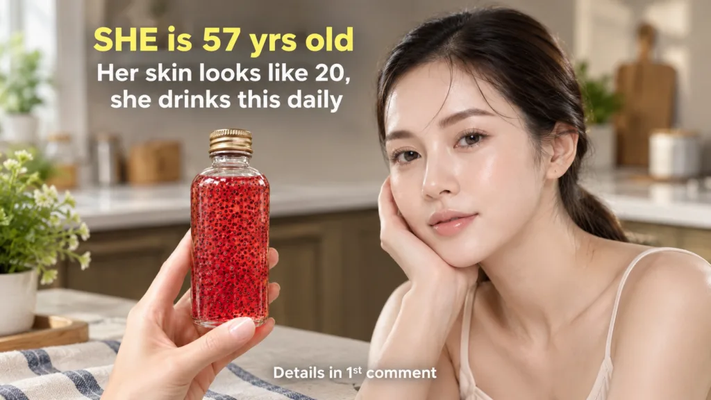 A split image showing a hand holding a bottle of red flaxseed gel on the left and a woman with radiant youthful skin on 