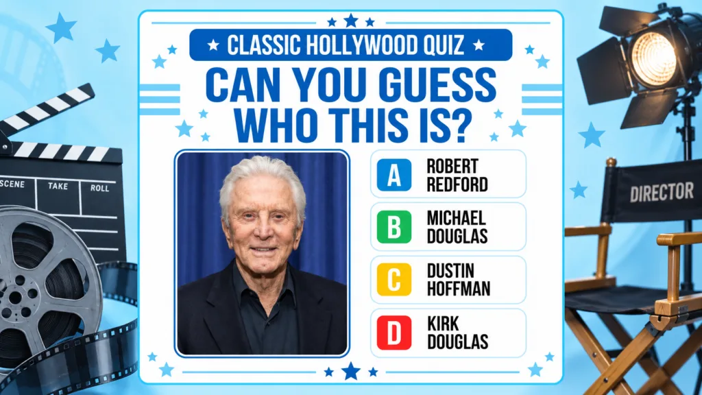 A multiple-choice quiz image featuring an elderly Kirk Douglas with the question CAN YOU GUESS WHO THIS IS and options A
