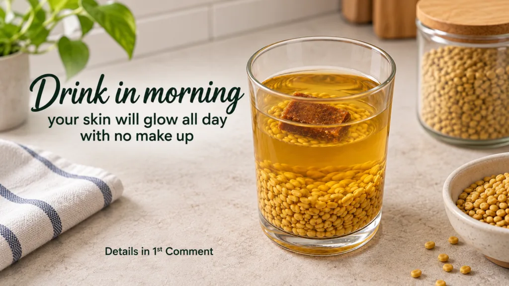 A clear glass filled with a yellowish liquid containing numerous small yellow seeds at the bottom and a brown rectangula