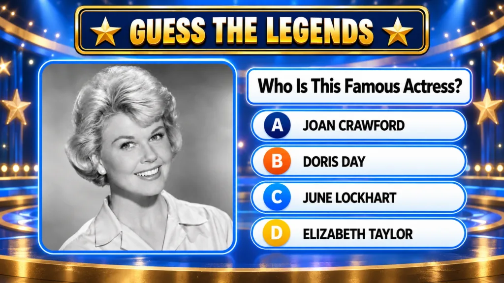A mobile quiz game interface with a GUESS THE LEGENDS banner A black and white portrait of a smiling blonde woman Doris 