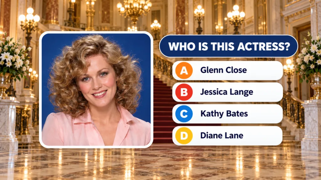 A multiple-choice quiz image featuring a portrait of Glenn Close smiling with curly blonde hair against a deep blue back