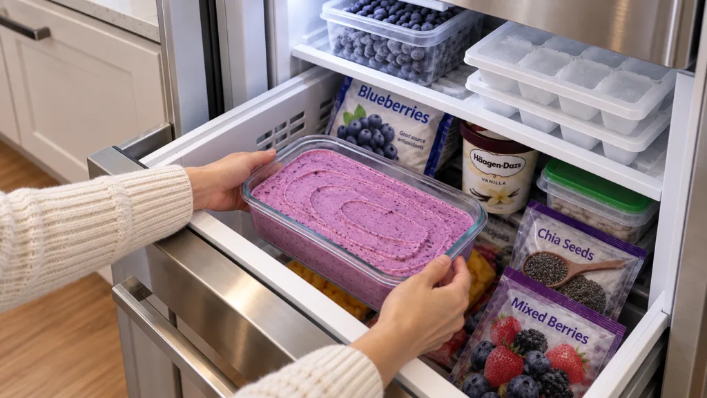 Hands placing a vibrant purple frozen berry dessert in a glass container into an organized freezer drawer with other fro