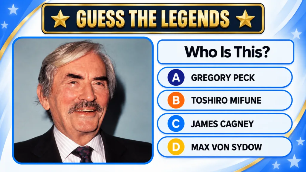 A Guess The Legends quiz interface featuring a headshot of an older gentleman with distinguished gray hair and a mustach