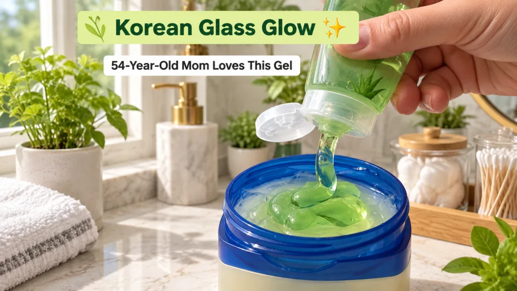 A hand squeezing vibrant green aloe vera gel from a clear tube into a blue-rimmed jar filled with more of the translucen