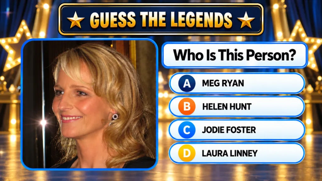 A quiz game interface titled GUESS THE LEGENDS showing a headshot of Helen Hunt with quiz options