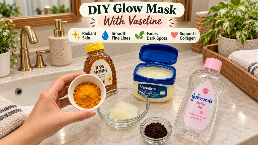 Various ingredients for a DIY glow mask laid out on a clean bathroom counter including a bottle of raw honey an open jar