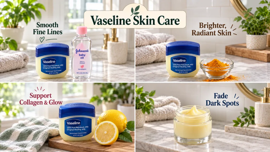 A 2x2 grid showcasing four different Vaseline skincare hacks Each square features Vaseline petroleum jelly alongside a n